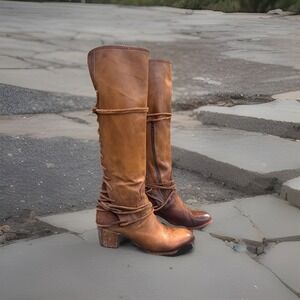 Free Bird Coal Wrapped Cognac Brown Leather Knee High Boots One Zipper Won't Zip